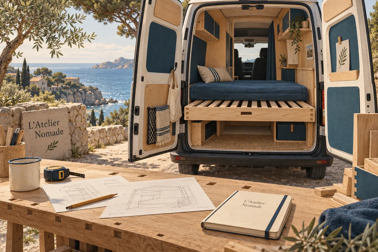Ambiance de voyage en van, mobilier en bois clair et carnet de plans sur une table d'atelier